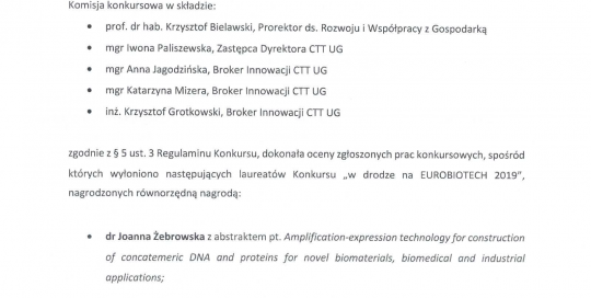 Decyzja o wyłonieniu laureatów Konkursu w drodze na EUROBIOTECH 2019 1